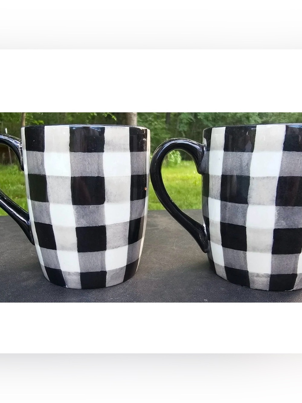 2 Robert Stanley Lot Black White Gray Plaid 16 oz Coffee Tea Mug Ceramic